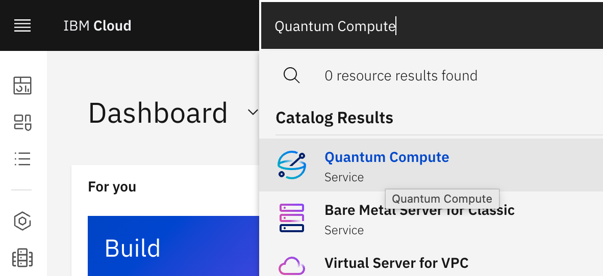 Typing Quantum Compute in IBM Cloud's search bar to access IBM's quantum computing resources.