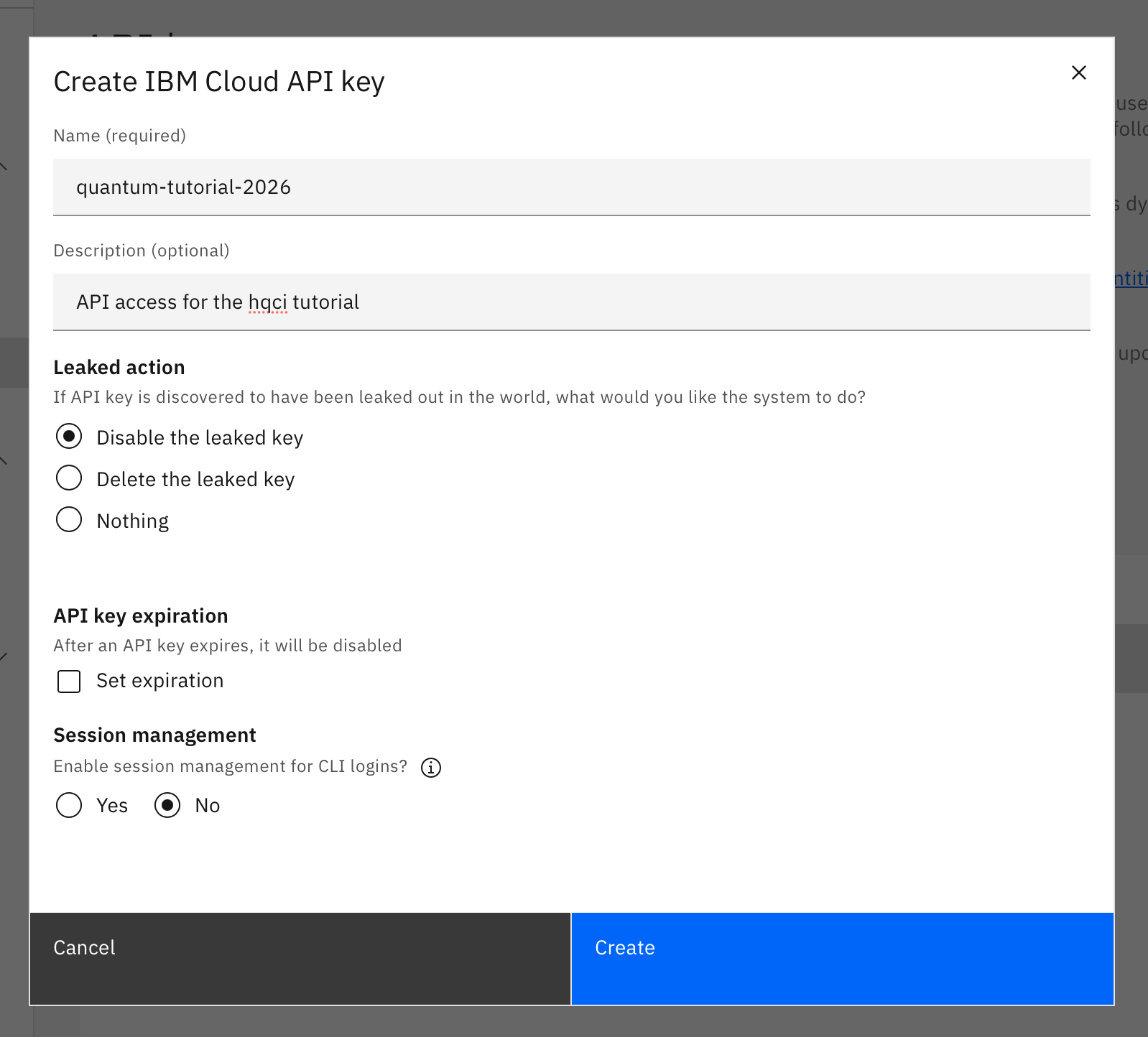 Create IBM Cloud API key window with the name configured.