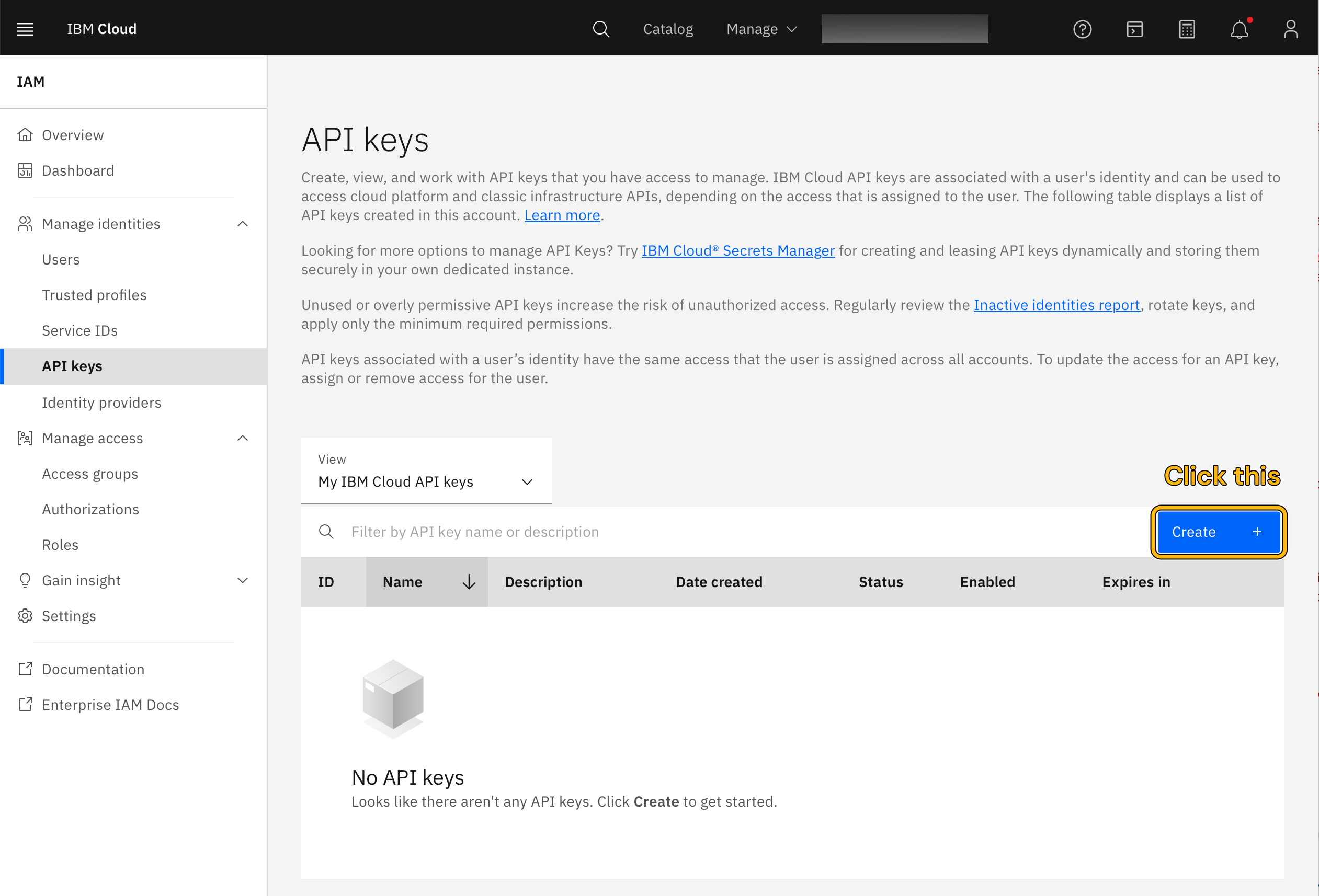 Click the Create button from the dashboard.
