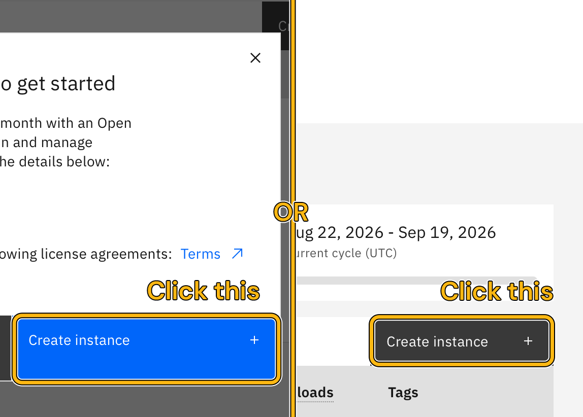 Two ways to create IBM quantum compute instance. First: clicking the create instance button in the welcome pop-up. Second: clicking the create instance button from the dashboard's top-right corner.