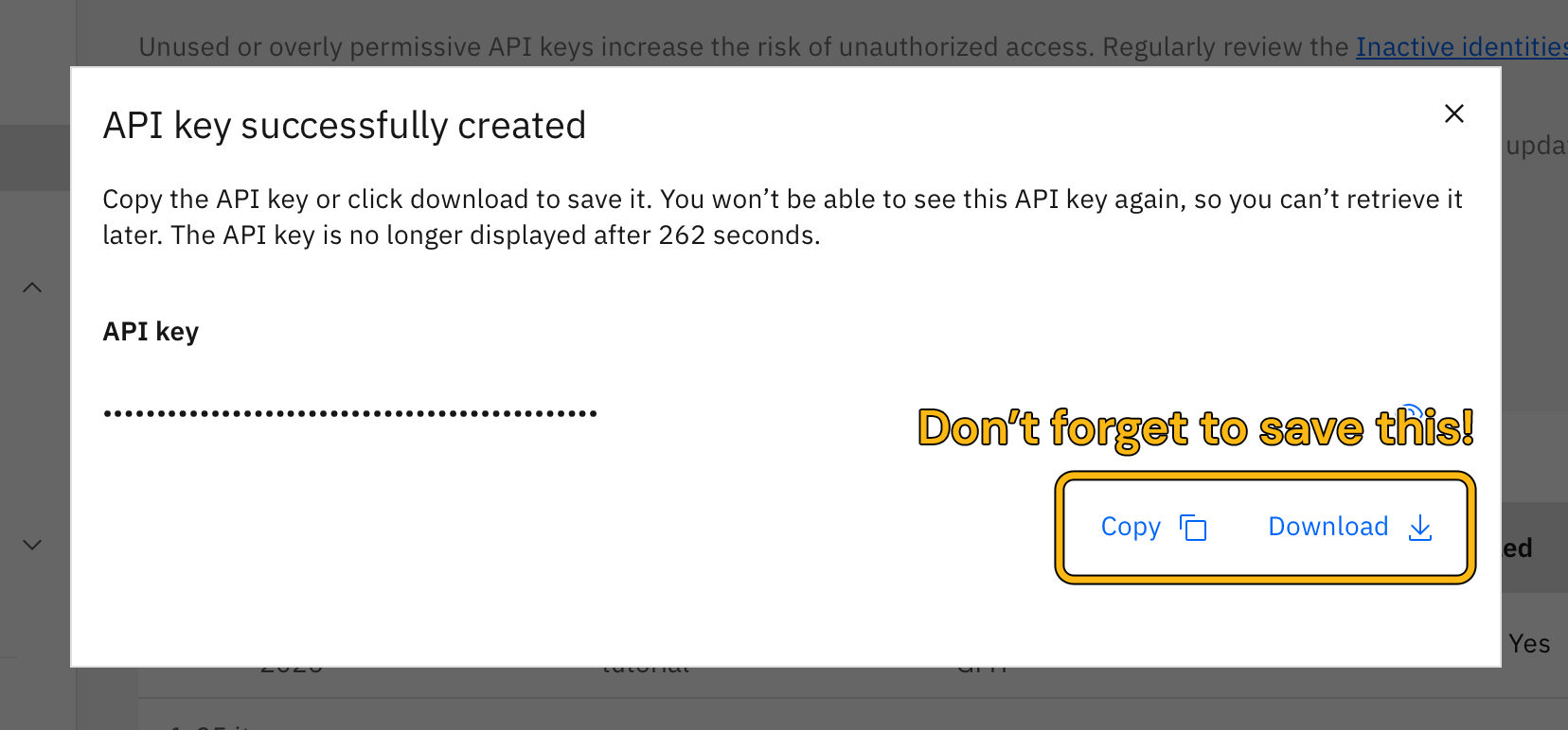 A pop-up window for saving the created API key.